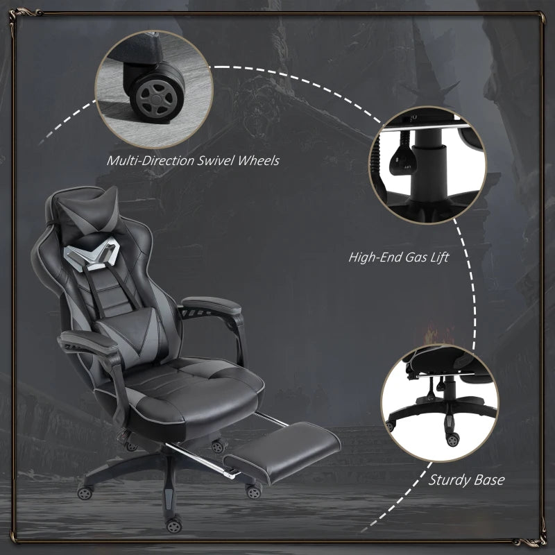 Vinsetto Grey Gaming Chair with Lumbar Support & Footrest - PU Leather Racing Desk Chair with Headrest & Swivel Wheels