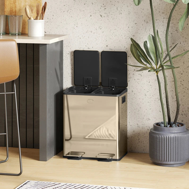 40L Dual Compartment Stainless Steel Trash Bin with Deodoriser Holders - Elegant Gold Tone for Modern Kitchens