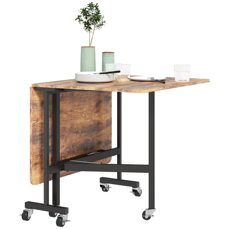 Versatile Six-Seater Drop-Leaf Dining Table on Wheels - Stylish Brown Wood-Effect for Space-Saving Dining Solutions