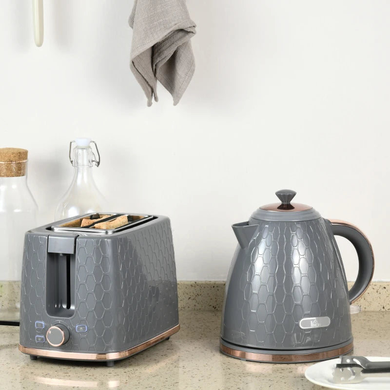 1.7L 3000W Fast Boil Kettle & 2 Slice Toaster Set - Auto Shut Off, Browning Controls, Stylish Grey Finish
