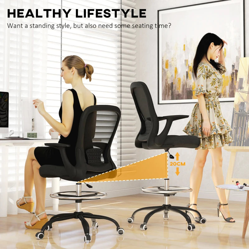Ergonomic Draughtsman Chair - Mesh Drafting Office Chair with Flip-Up Armrests & Adjustable Foot Ring - Black