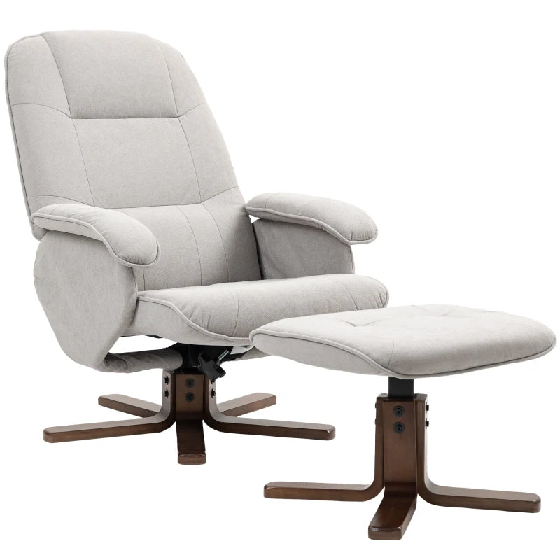 Linen Swivel Recliner Chair with Footstool - Upholstered Armchair with Wooden Base for Living Room in Light Grey