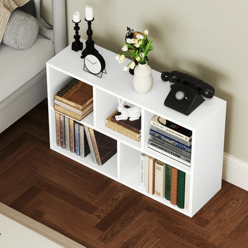 Modern 2-Tier White Bookshelf with 5 Spacious Compartments - Stylish Storage Solution for Home or Office