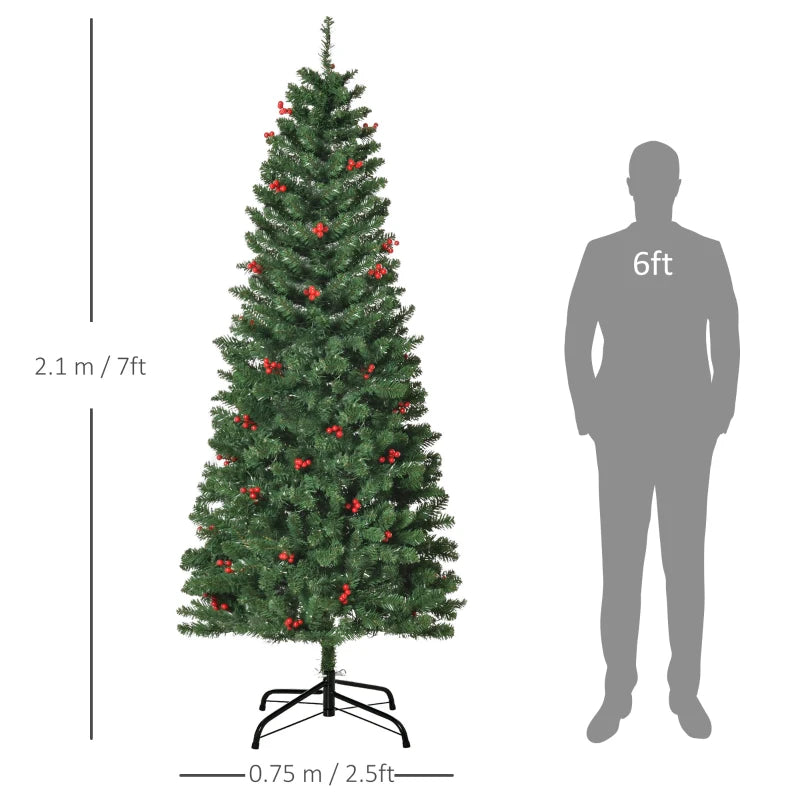 7FT Prelit Artificial Pencil Christmas Tree with Warm White LED Lights & Red Berries - Festive Holiday Home Decoration