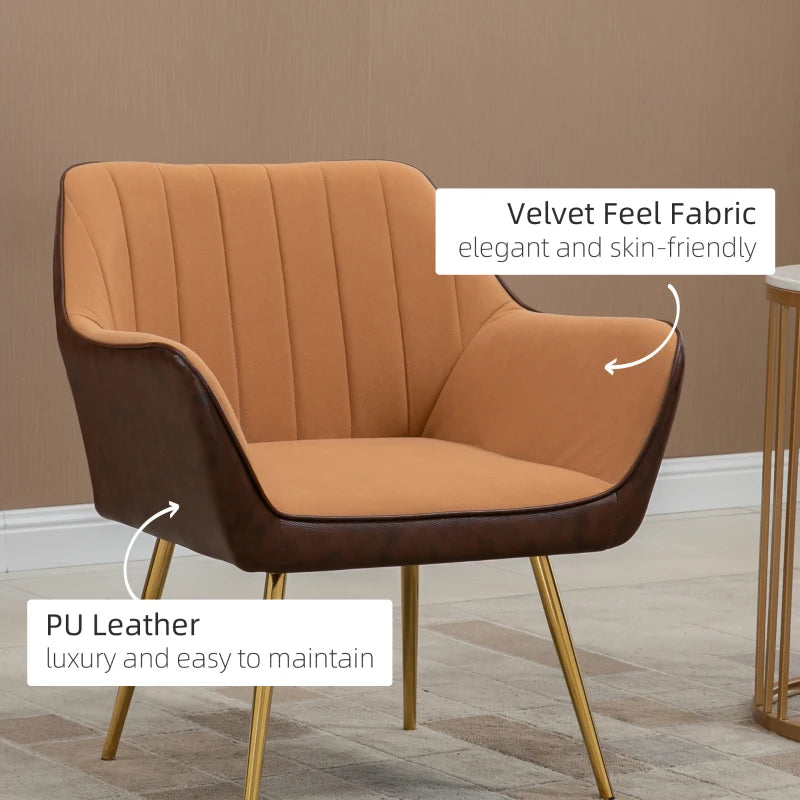 Set of 2 Velvet Accent Chairs with Gold Legs for Modern Living Room and Bedroom, Light Brown Upholstery