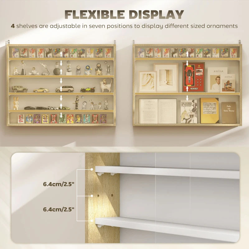 5-Tier Wall Display Shelf Unit with 4 Adjustable Shelves & Glass Doors - Natural Finish for Home & Office Decor 60x80cm