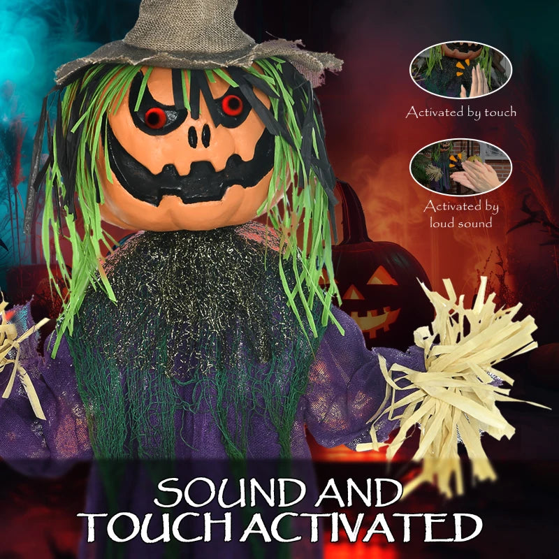 3'6" Pumpkin Scarecrow Halloween Animatronic with Glowing Eyes - Spooky Outdoor Decoration for Halloween Parties