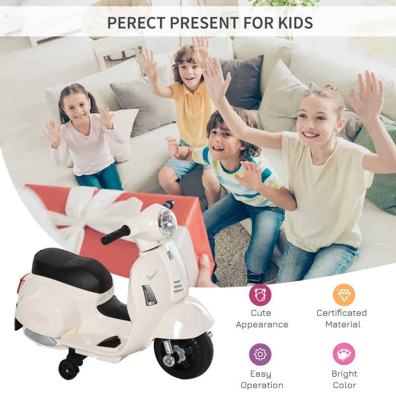 Vespa Licensed 6V Kids Electric Motorbike - Battery Powered Ride On Motorcycle for Toddlers 18-36 Months, White with Horn & Headlight