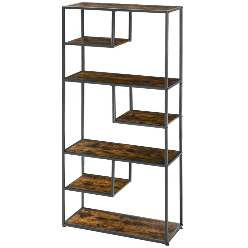 Industrial 6-Tier Metal Bookcase Shelf - Rustic Brown Storage Shelves for Living Room, Home Office & Bedroom