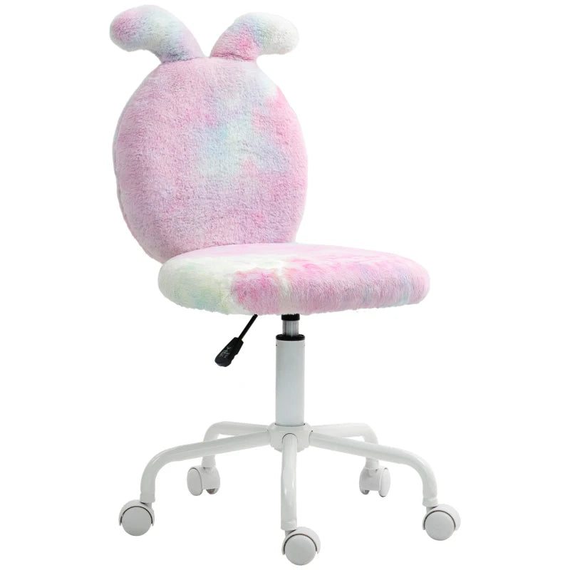 Fuzzy Bunny Ears Office Chair - Faux Fur Swivel Desk Chair, Armless Makeup Vanity Chair, Adjustable Height for Bedroom & Study