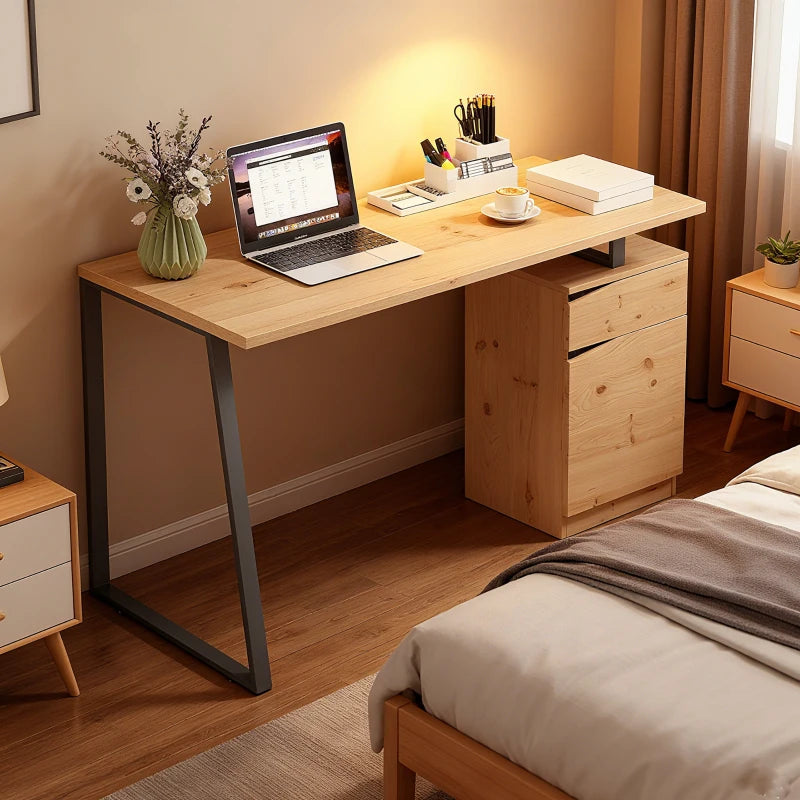 Modern Computer Desk with Cabinet & Drawer - Stylish Writing Desk for Home Office & Study - Metal Legs, Natural Wood Finish