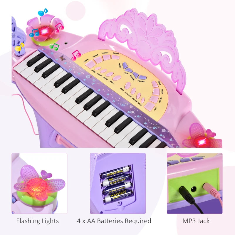 32 Keys Kids Mini Electronic Keyboard - Educational Musical Instrument Toy with Stool & Microphone for Children - Grand Piano Style