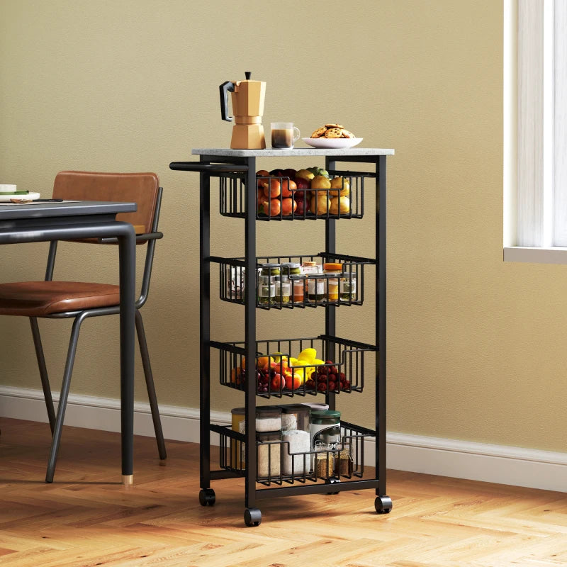 Stylish Grey/Black Four Basket Mobile Kitchen Island with Brakes - Perfect for Storage and Space-Saving Solutions