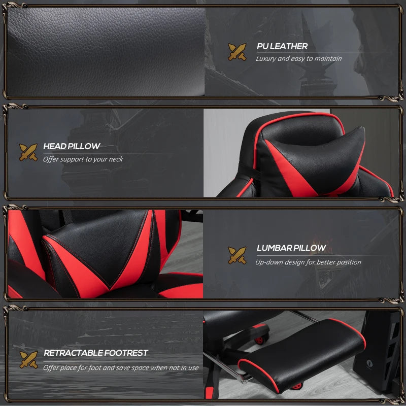 Vinsetto Racing Gaming Chair with Lumbar Support & Footrest - PU Leather Gamer Desk Chair with Headrest & Swivel Wheels, Red