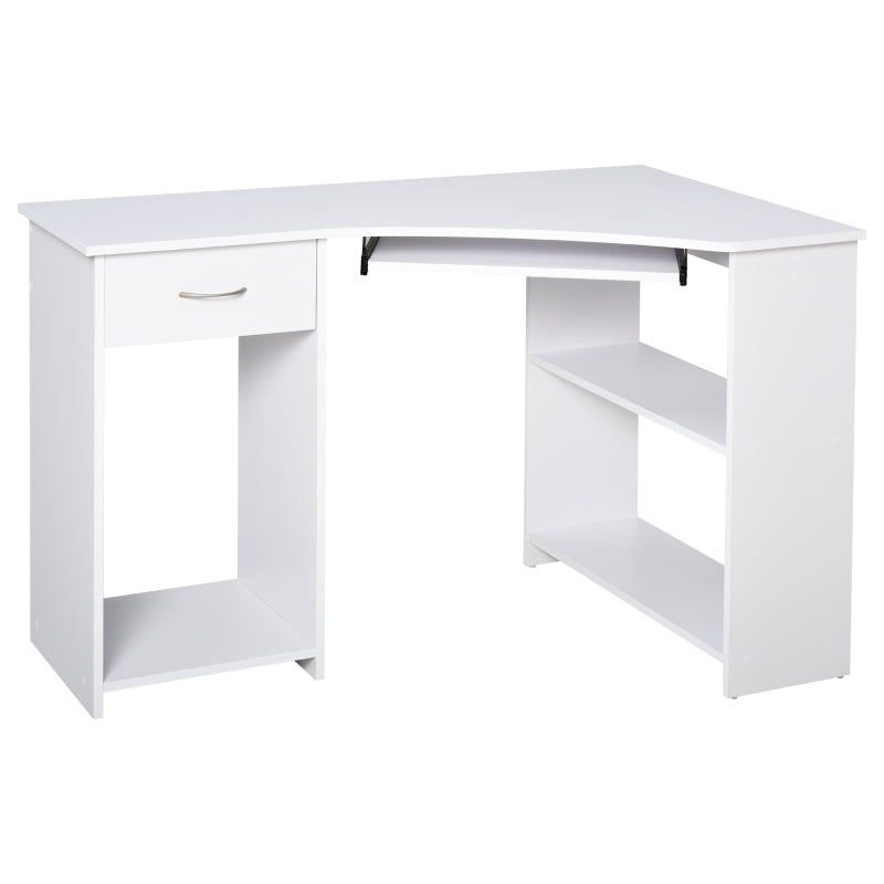 L-Shaped Corner Computer Desk with 2 Shelves, Keyboard Tray, Drawer & CPU Stand - White Home Office Furniture