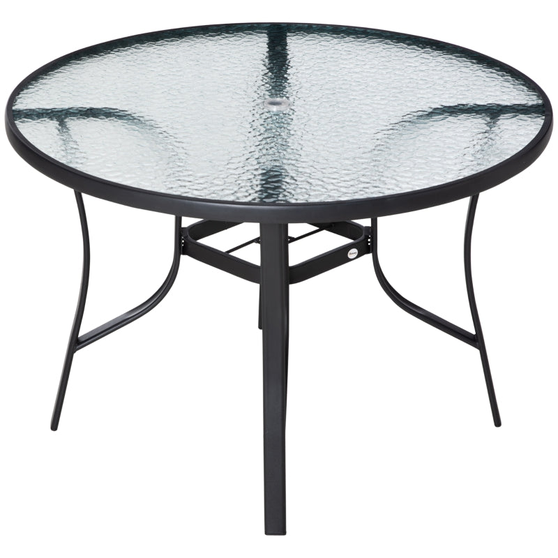 Round Garden Dining Table with Parasol Hole - Black Tempered Glass