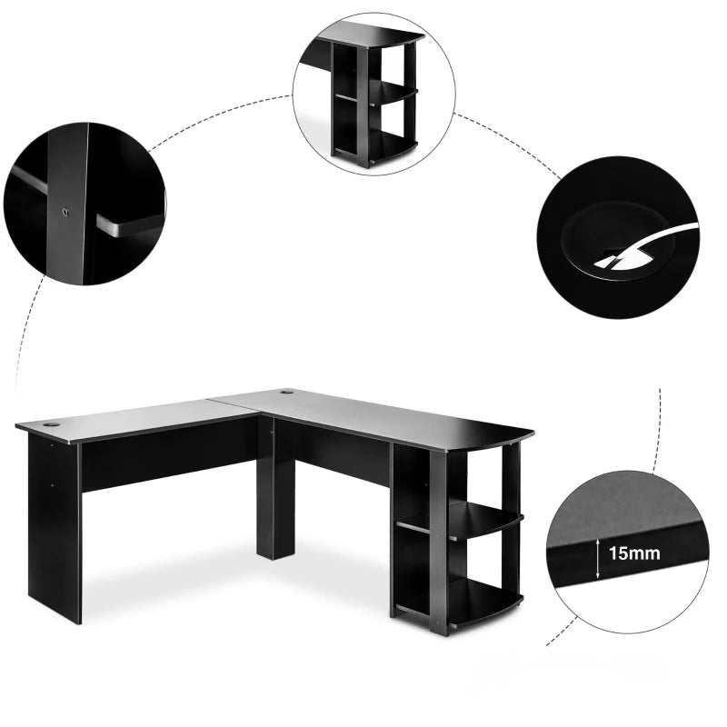 L-Shaped Corner Computer Desk with Storage Shelves - Large Home Office Gaming Desk, Easy Assembly, 140x140x75 cm, Black