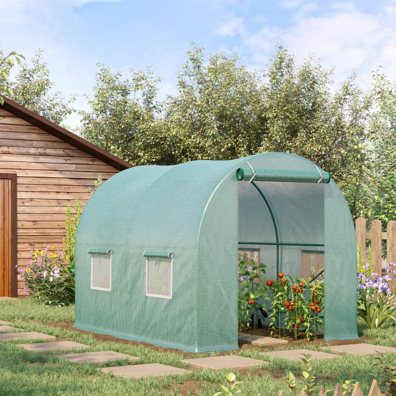 Green Walk-In Polytunnel Greenhouse with Roll-Up Door, Steel Frame, 2.5 x 2m