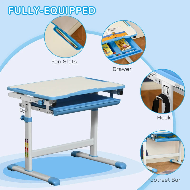 Kids Height Adjustable Desk and Chair Set - Blue, Tiltable Study Table with Drawer, Pen Slot & Hook for Students