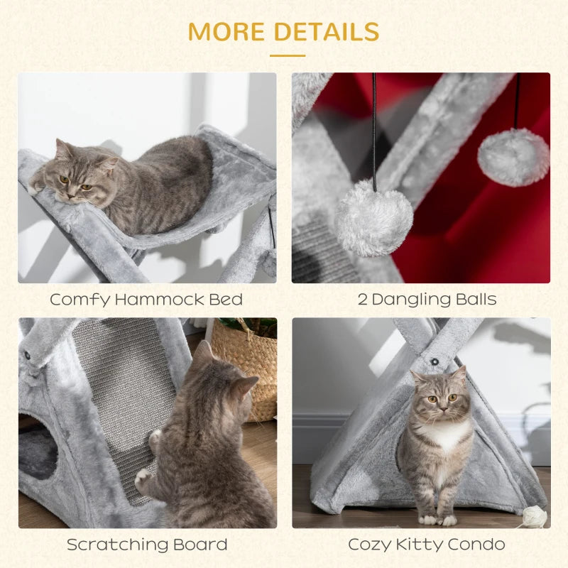 Two Tier Cat Tree for Indoor Cats - Plush Folding Activity Tower with Scratching Post, Hammock & Pom Poms - Grey