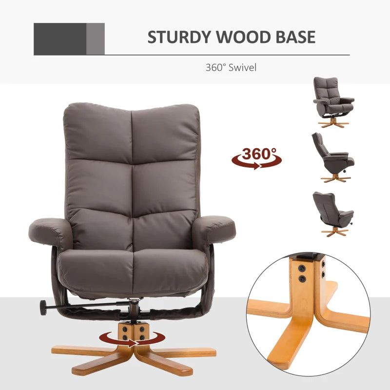 Swivel Reclining Armchair with Ottoman, Faux Leather Chair with Wooden Base and Storage Footstool for Living Room, Brown