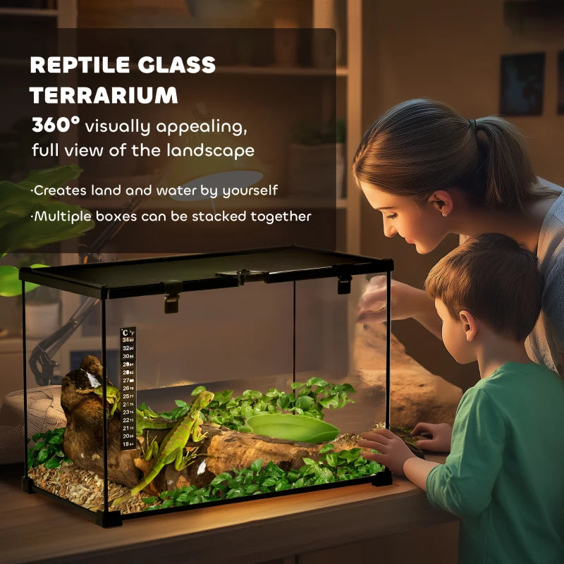 Large Glass Reptile Terrarium 50x30x35cm - Insect Breeding Tank with Thermometer for Lizards, Frogs, Snakes & Spiders