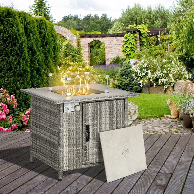 Grey Rattan Gas Fire Pit Table with Glass Windscreen and Rain Cover