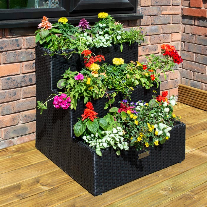 Black Tiered Rattan Garden Planter