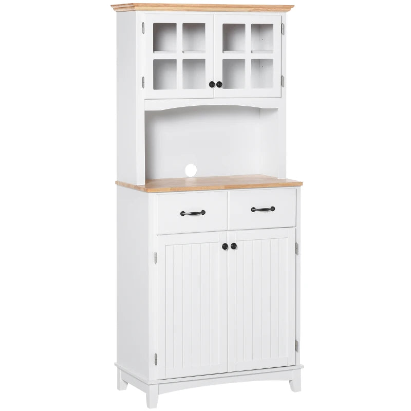 Freestanding Kitchen Cupboard with Glass Doors & 2 Drawers - Stylish White Storage Cabinet for Microwave & Kitchen Essentials