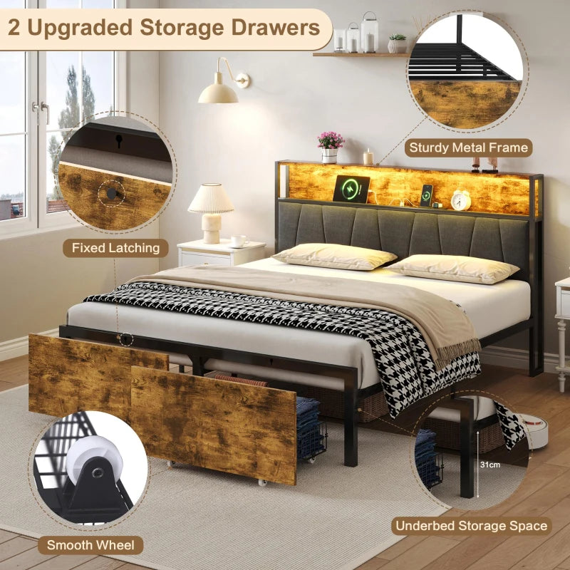 Stylish Black & Dark Walnut Double Bed Frame with Storage Drawers, RGB LED Headboard & Charging Station - 205L x 136W x 116H cm