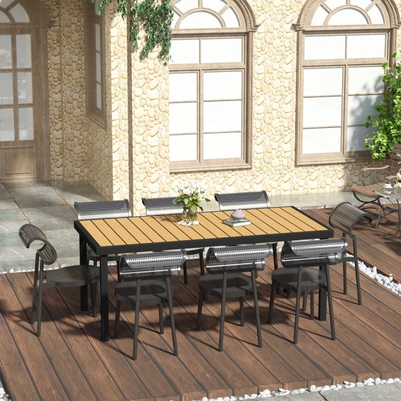 Aluminium Outdoor Garden Dining Table for 8 People - Natural Faux Wood Top, 190 x 90 x 74 cm