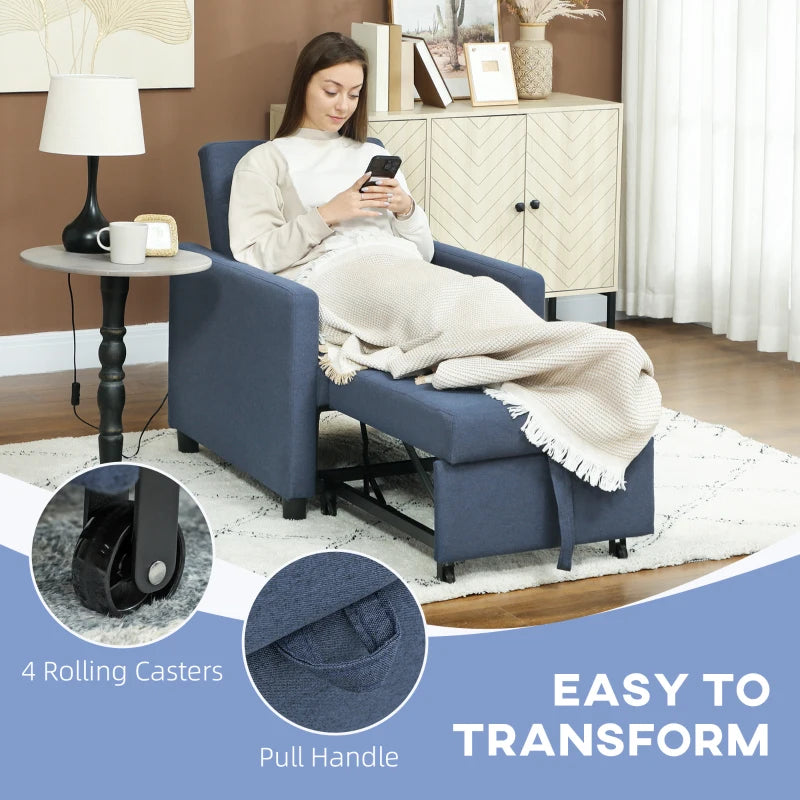 Convertible 3-in-1 Chair Bed with Adjustable Backrest, Pillow and Footrest for Living Room, Blue
