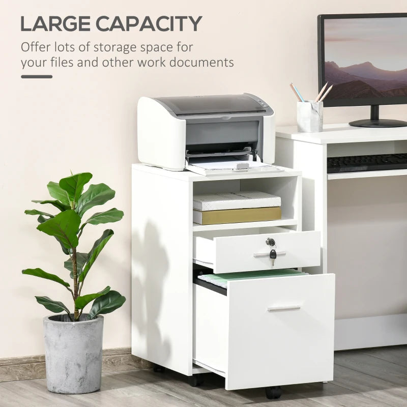 Vinsetto Lockable Two-Drawer Filing Cabinet on Wheels - Modern White Storage Solution for Home Office Organization