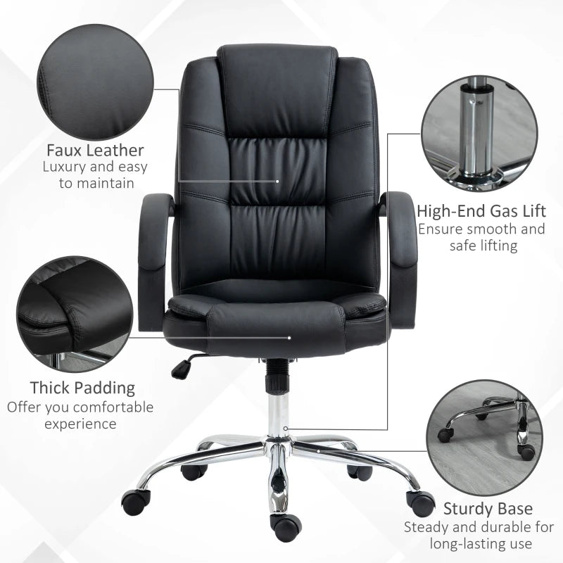 Vinsetto Ergonomic PU Leather Office Chair with 13cm Padded Seat Adjustable Height and Rolling Wheels Black