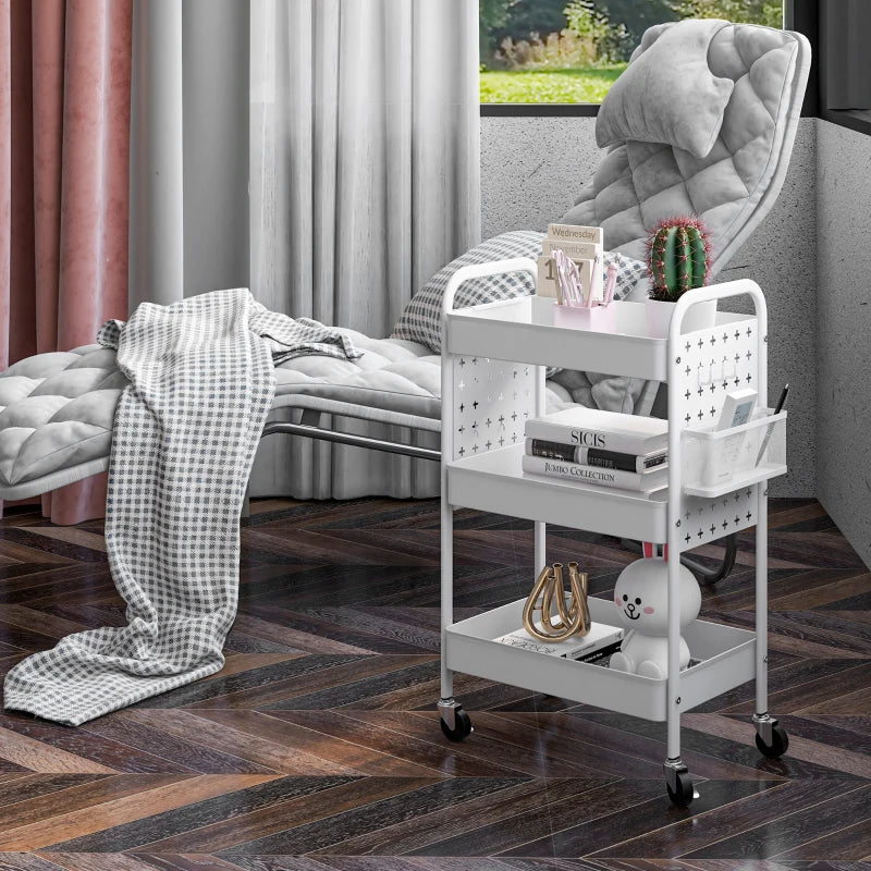 3-Tier Rolling Storage Trolley with Mesh Baskets, Hanging Boxes & Hooks - Versatile Utility Cart for Kitchen & Living Room - White
