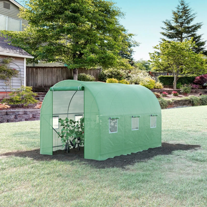 Green Walk-In Polytunnel Greenhouse, Steel Frame, PE Cover, Roll-Up Door, 6 Windows