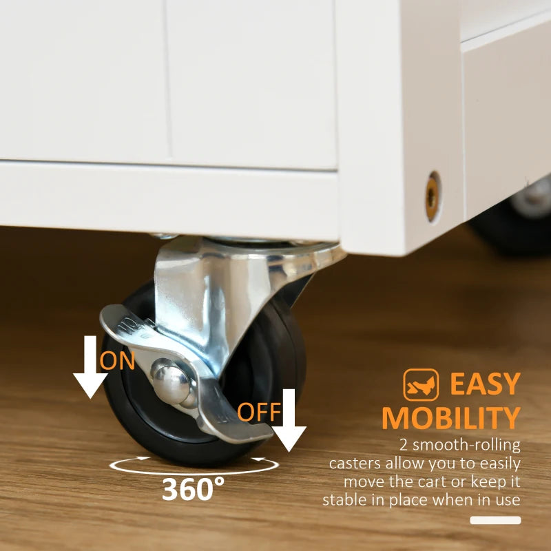 Modern Kitchen Trolley - Rolling Storage Cart with Drawer, 9-Bottle Wine Rack, Door Cabinets & Wooden Countertop in White