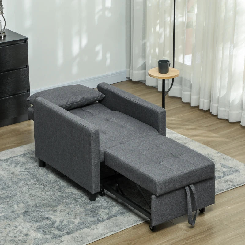 Convertible 3-in-1 Chair Bed with Adjustable Backrest, Pillow and Footrest for Living Room in Dark Grey