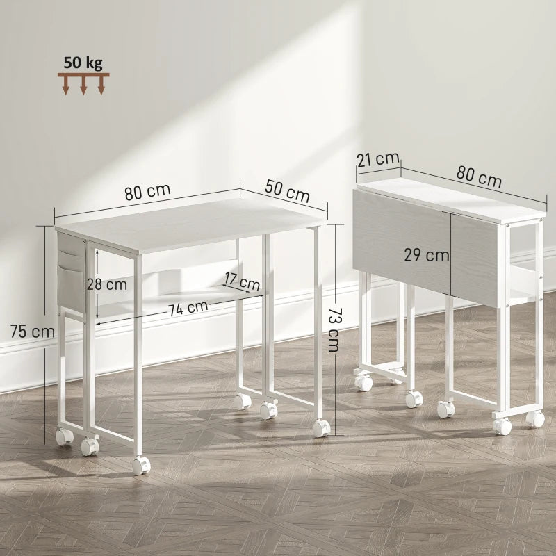 80 cm White Drop Leaf Writing Desk - Compact Home Office Workstation with Versatile Folding Design