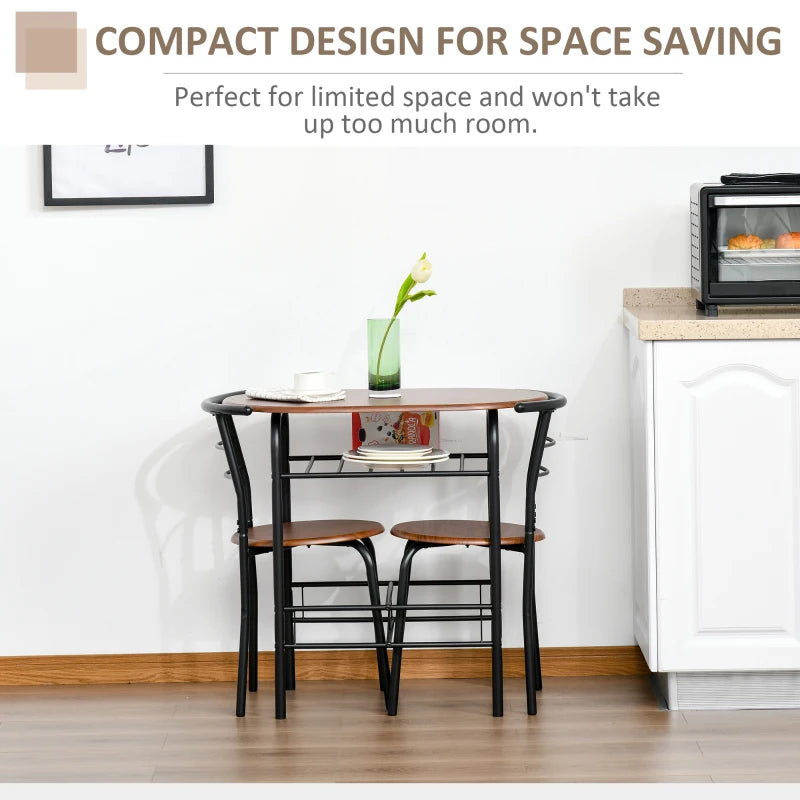 3 Piece Metal Frame Wood Top Dining Table Set with Storage Shelf and 2 Chairs for Breakfast Bar or Dining Room