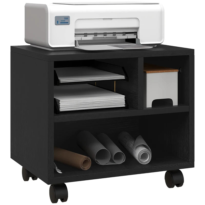 Black Three-Compartment Printer Cabinet on Wheels - Stylish & Functional Storage Solution for Home Office or Workspace