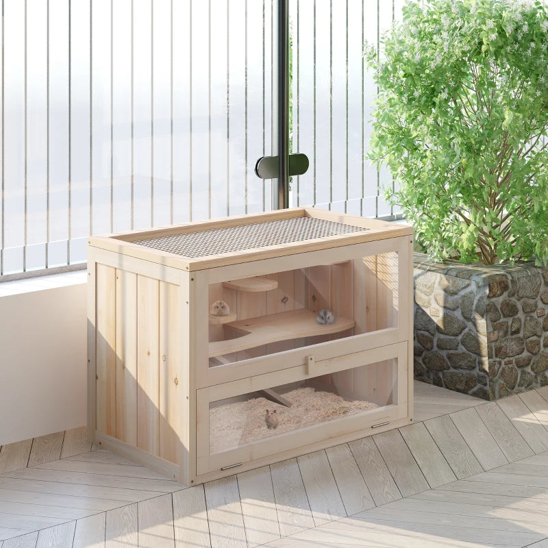 Natural Wooden Hamster Cage for Mice & Small Rodents - 60x35x42cm Exercise Play House Hutch