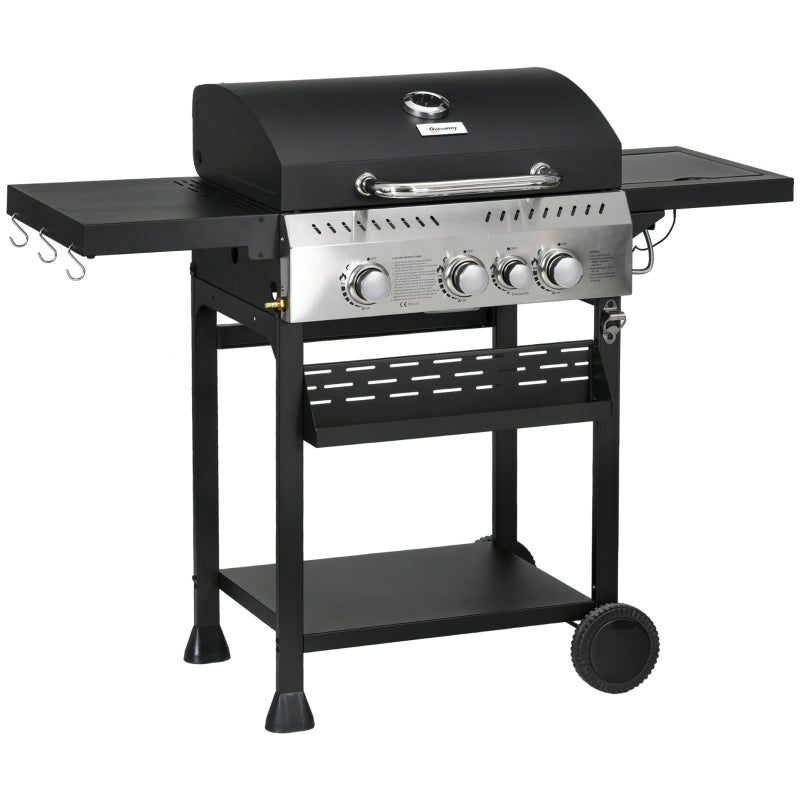 Black 4-Burner Steel Gas Grill with Thermometer