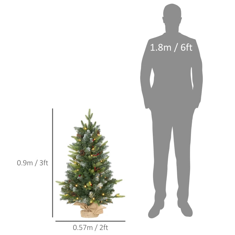 Set of 2 Pre-Lit 3ft Christmas Trees with Berries & Pinecones - Perfect Holiday Decor for Home & Office