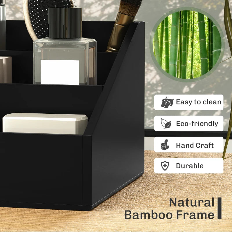 Bamboo Desk Organiser Holder - Multi-Function Storage Caddy with 7 Compartments & 2 Drawers for Home Office Supplies - Black