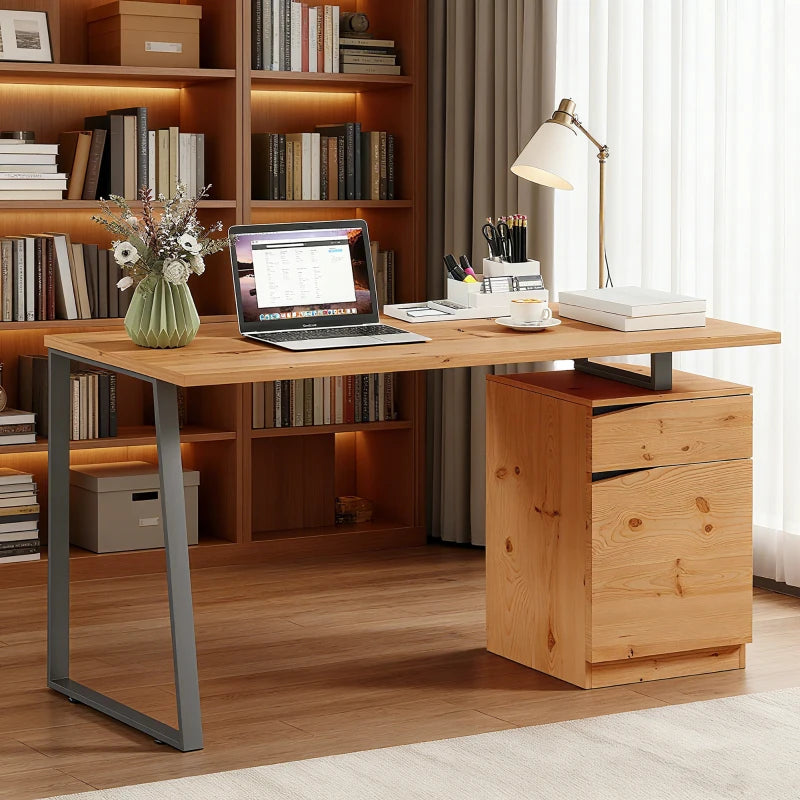 Modern Computer Desk with Cabinet & Drawer - Stylish Writing Desk for Home Office & Study - Metal Legs, Natural Wood Finish