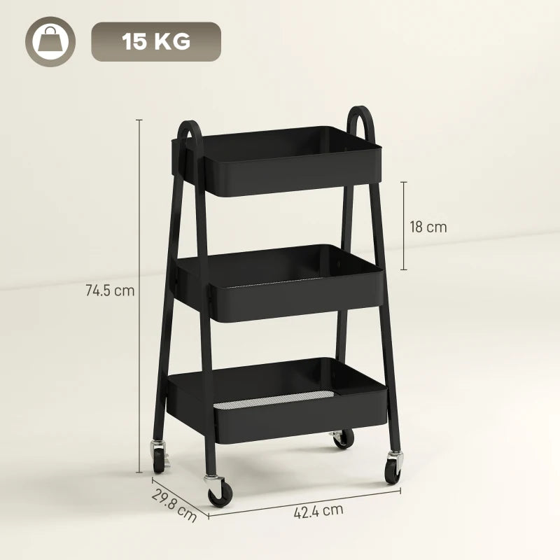 Versatile Three-Tier Black Storage Trolley - Stylish Organizer Cart for Home, Office, Kitchen & Bathroom