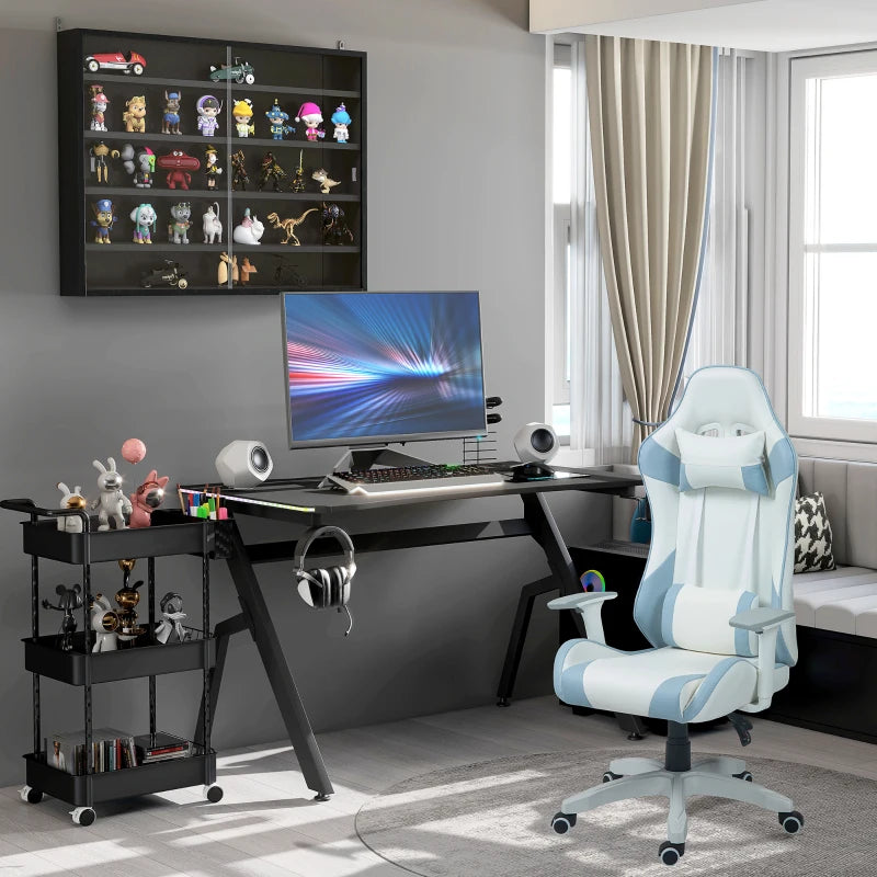 RGB Gaming Desk 120x66cm - Carbon Fibre Surface, Headphone Hook, Cup Holder & Controller Rack - Black Home Office Table