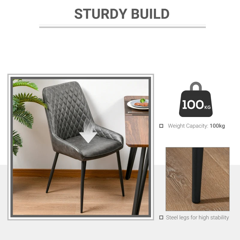 Retro Dining Chair Set of 2 - PU Leather Upholstered Side Chairs for Kitchen & Living Room with Metal Legs in Grey