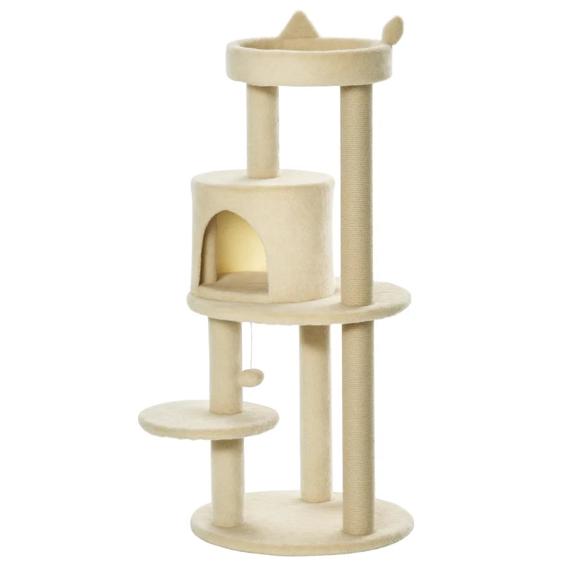 104 cm Cat Tree Condo Tower - Plush Perch, Scratching Posts & Hanging Ball - Cream White Activity Centre for Cats